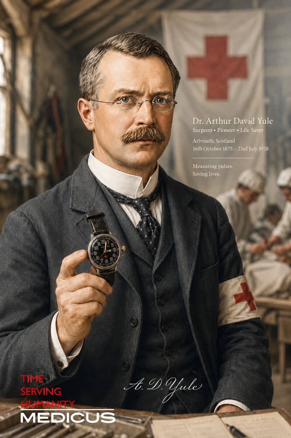 Artistic portrait of Dr. Arthur David Yule with the Medicus watch