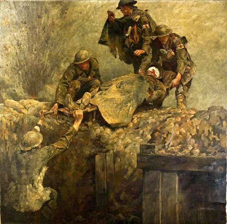 Gilbert Rogers painting of WW1 stretcher bearers of the Royal Army Medical Corps