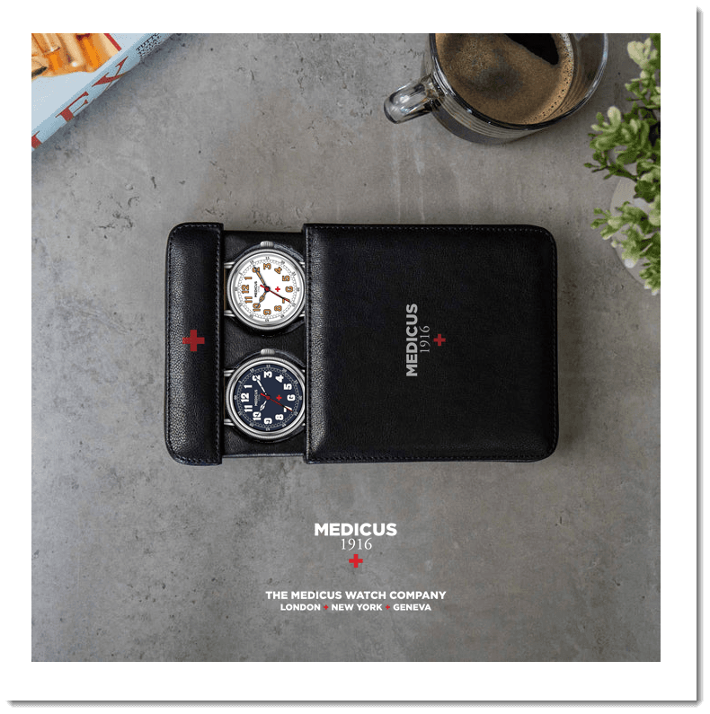 Medicus 1916 dual-watch presentation pouch branding concept
