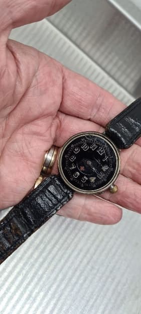 Original black-dial A. D. Yule medic watch as found, with red cross motif